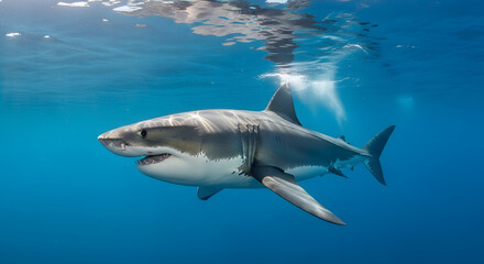 Fototapeta premium Great white shark swimming in clear blue ocean water a powerful predator in its natural habitat underwater wildlife photography