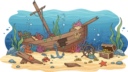 Poster Piraten Underwater Shipwreck Scene with Sunken Pirate Ship, Treasure Chest, Coral Reef, Fish, and Marine Life Cartoon Vector IllustrationUnderwater Shipwreck Scene with Sunken Pirate Ship, Treasure Chest, Cor  © Md