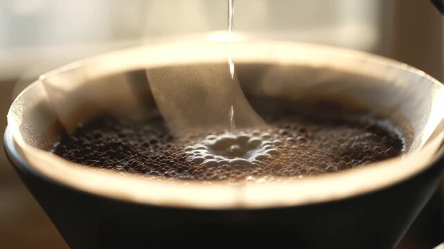 Close up of hot water slowly dripping onto fresh coffee grounds inside a pour over filter during the meticulous process of brewing artisanal coffee beverages.