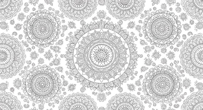 Intricate mandala floral pattern vector illustration with highly detailed geometric ornaments and ethnic decorative motifs for adult coloring book pages.Intricate mandala floral pattern vector illustr