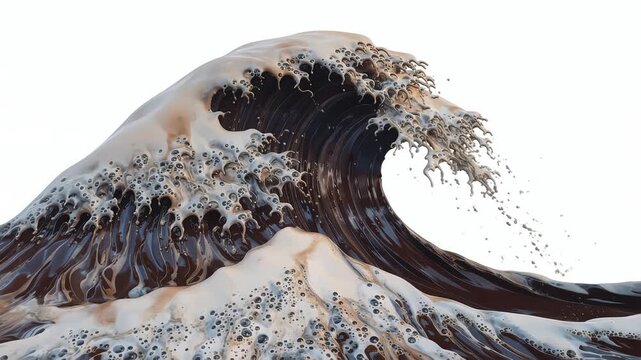 Massive dark chocolate brown ocean wave crests violently showing foamy white crest detail against a stark white isolated background illustrating delicious culinary or liquid force concepts