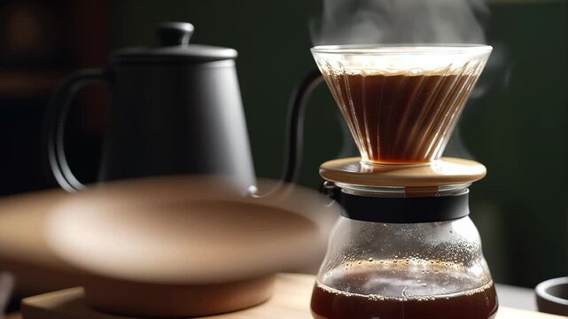 A close-up shot of a wooden spoon holding freshly ground coffee beans, ready to be poured into a stylish pour-over coffee dripper setup, with steam gently rising from the hot water filtering through