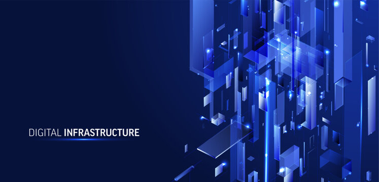 Dynamic vertical digital infrastructure. Abstract tech flow, glowing blocks and lines. AI, big data technology concept for cloud computing, growth communication. Futuristic blue business background