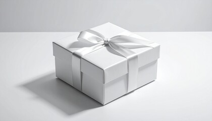 Elegant white gift box tied with a silky white ribbon, casting a soft shadow on a clean, minimalistic background, symbolizing surprise, generosity, and celebration