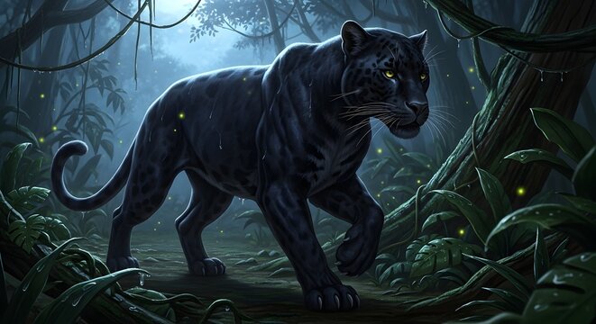 A majestic black panther with piercing yellow eyes, exhibiting its powerful, sleek physique while moving with predatory grace.