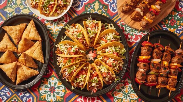 A vibrant top-down view showcases an abundant and appetizing spread of delicious international cuisine, featuring golden fried samosas, savory beef kebabs on skewers with colorful peppers, and a