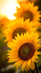 Naklejka premium A close-up view features vibrant sunflowers basking in the golden hour's light, with a blurred background suggesting a field