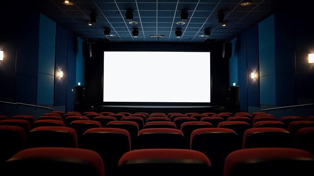 Empty cinema theater with rows of dark seats facing a large blank white screen ready for movie presentation or corporate event viewing experience.