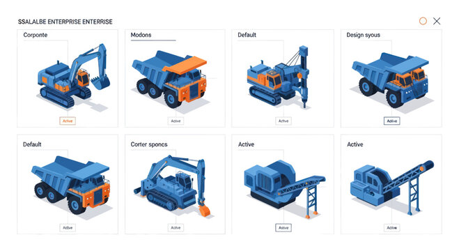 Isometric set of heavy construction and mining machinery.