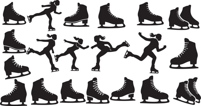 Silhouettes of ice skaters and skates in motion graphics