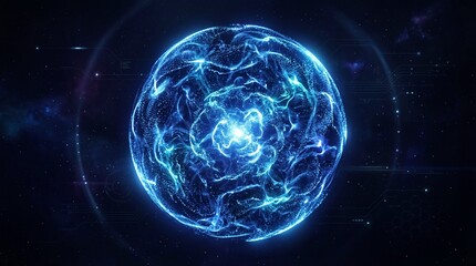 Fototapeta premium Navy blue shimmering energy sphere composed of glowing liquid particles and magic plasma on a dark background. Luxurious sci-fi futuristic orb, perfect for digital art, tech visuals, business designs,