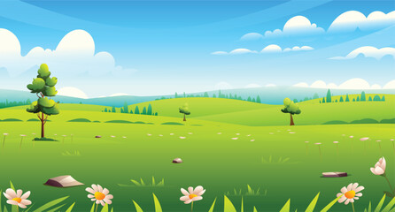 Beautiful green field with flowers under blue sky with fluffy white clouds. Vector cartoon illustration © YG Studio