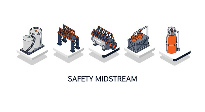 Safety Midstream Equipment Isometric Icons Set for Industrial Use.