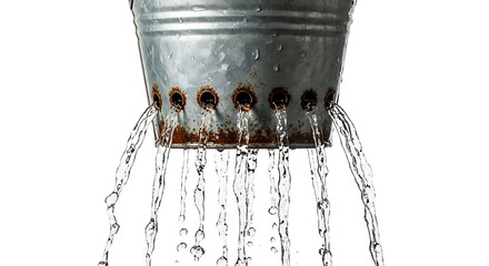 Water flows freely from a rusty metal bucket outdoors