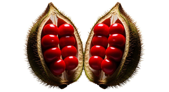Annatto pod opened to reveal vivid red seeds in striking macro detail Isolated on White background