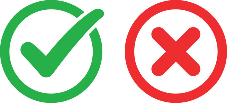 Check mark and cross symbols illustration, green approval tick and red rejection icon set for correct incorrect choices voting feedback.