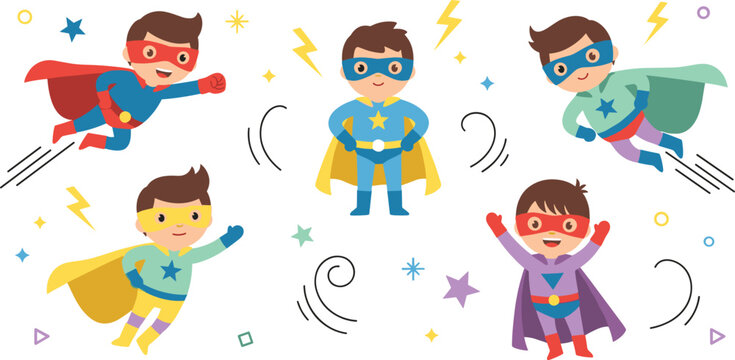 Set of cute superhero boy characters in colorful costumes flying and posing for children party invitation design