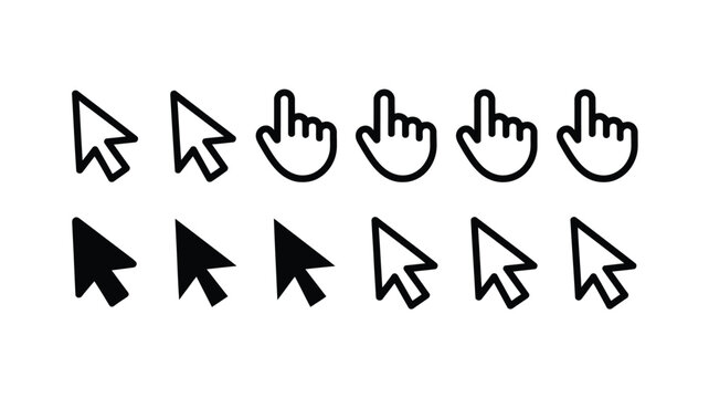 Mouse cursor icon set illustration, solid black web pointer symbols for clicking links, navigation, and digital interface interaction.