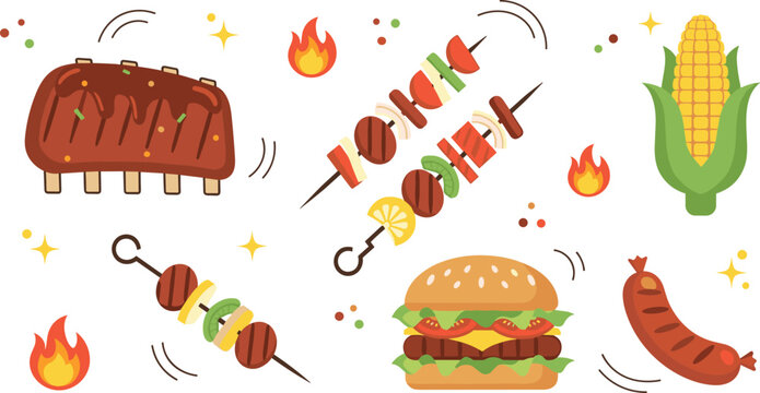 Assorted barbecue grilled food vector icons featuring burger, ribs, skewers, corn, and sausage for summer picnic party menu
