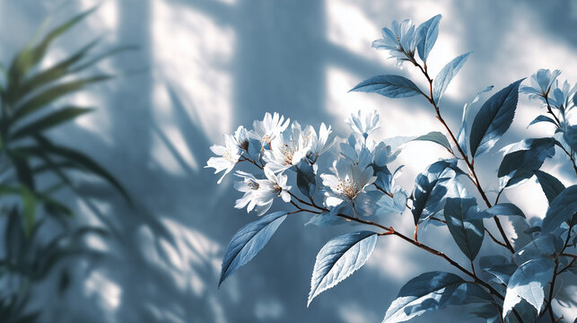 Tranquil Blue Flowers and Leaves with Soft Dappled Light