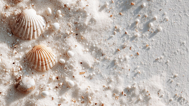 Close-up of Seashells on White Sand Beach Background