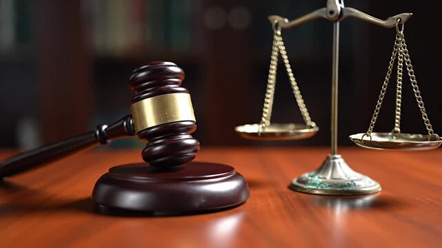 Wooden gavel and brass scales of justice on desk