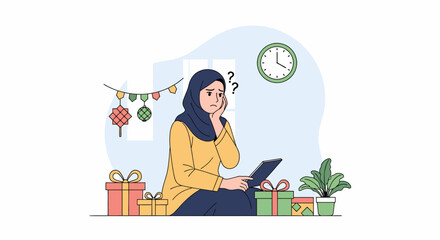 Fototapeta premium Woman sitting with tablet among gifts and holiday decorations.