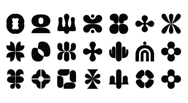 Abstract black and white geometric shapes and symbols collection.