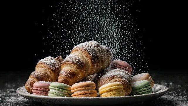 Croissant and macaroons on the plate sprinkles with sugar in black background