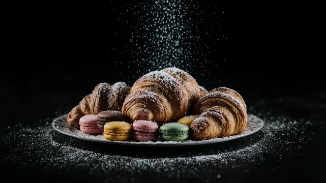 Croissant and macaroons on the plate sprinkles with sugar in black background