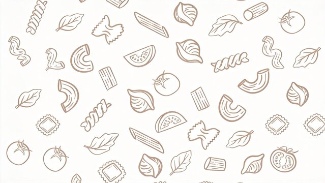 Seamless pattern with Italian pasta tomatoes and basil leaves in a simple line art style perfect for food packaging menu design and culinary backgrounds,design,concept,creative