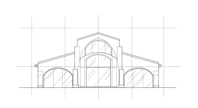 Architectural Sketch of a Grand Building Facade with Arches and Columns.
