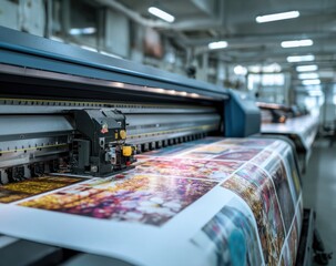 Large modern wide format digital printer printing vibrant colorful images on thick glossy media in an industrial print shop
