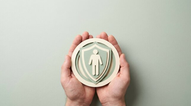 Protection, Insurance, Safety, Health, Shield, Security, Care - Hands holding paper cutout of human figure for life insurance and medical safety concept on pastel background.