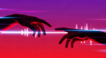 Hands reaching out in a neon-lit environment with purple and red hues