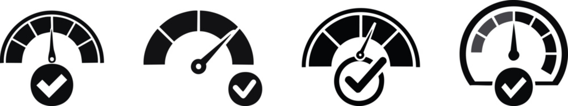 Four black speedometer icons with check marks indicating optimal or approved speed levels.