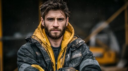 Obraz premium Portrait of a rugged construction worker with dirt on his face and clothes standing confidently at an outdoor construction site location.