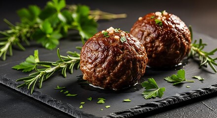 Two large savory meatballs garnished with fresh rosemary and parsley on a dark slate board. 2 meatballs