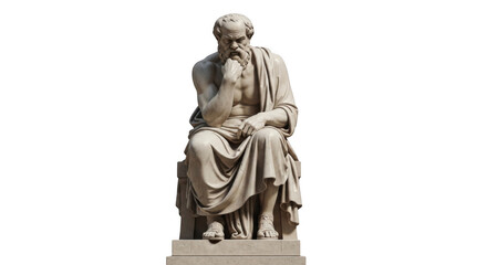 A photorealistic statue of a contemplative man sitting with his hand on chin lost in thought on a plain pedestal