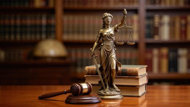 Statue of Lady Justice with scales and gavel in law library,concept of legal system,judicial authority,courtroom fairness and justice principle