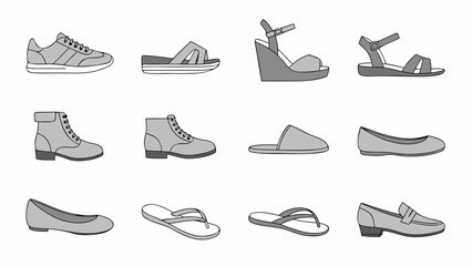 Obraz premium Collection of diverse footwear styles for men and women, presented in a clean graphic.