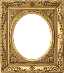 Ornate golden picture frame with oval opening, decorative floral and scroll motifs, elegant classical border design for portraits, artwork display, and vintage interior themes © Rasidul