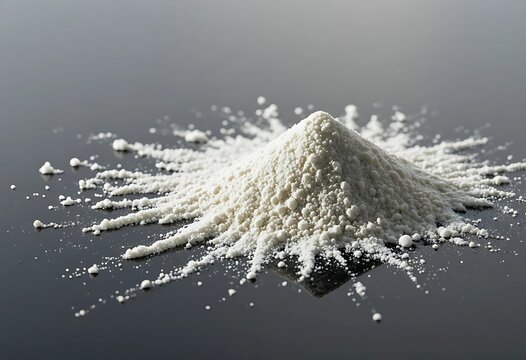 A small pile of white powder sitting on a dark reflective surface creating a minimalist composition. cbd isolate powder