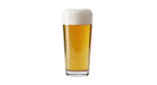 Tall slender glass of golden beer with a thick layer of white foam on top isolated on white background