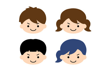 やる気の子供の顔アイコンセット 男の子と女の子の笑顔表情 キッズキャラクター感情イラスト