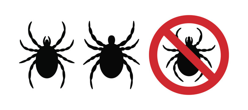 Set of black tick silhouettes and red stop sign icons representing parasitic pest prevention