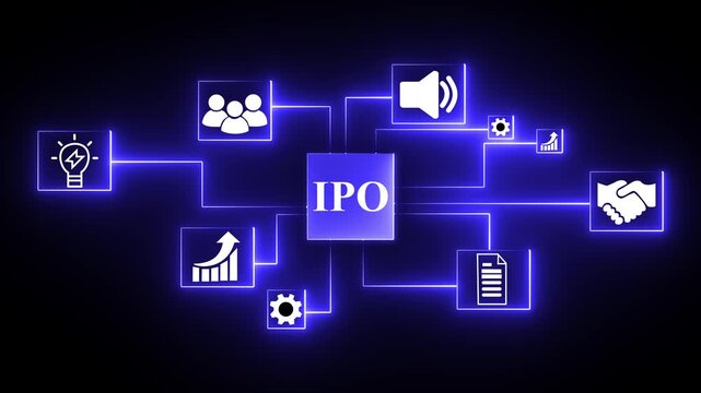 IPO cloud technology network diagram with icons for business growth partnership communication collaboration and cybersecurity on black background with neon ,4k animation video