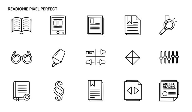 Reading mode outline icons vector pixel perfect document and ebook interface collection