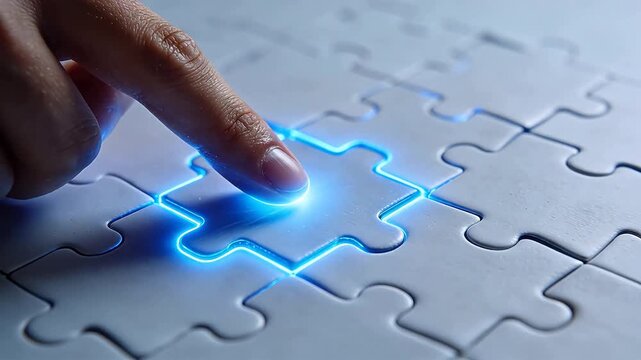 Hand putting glowing blue puzzle piece into board with tech light