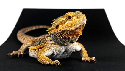 Obraz premium A close-up, studio shot shows a colorful lizard with spiky scales, sitting on a black surface against a white backdrop